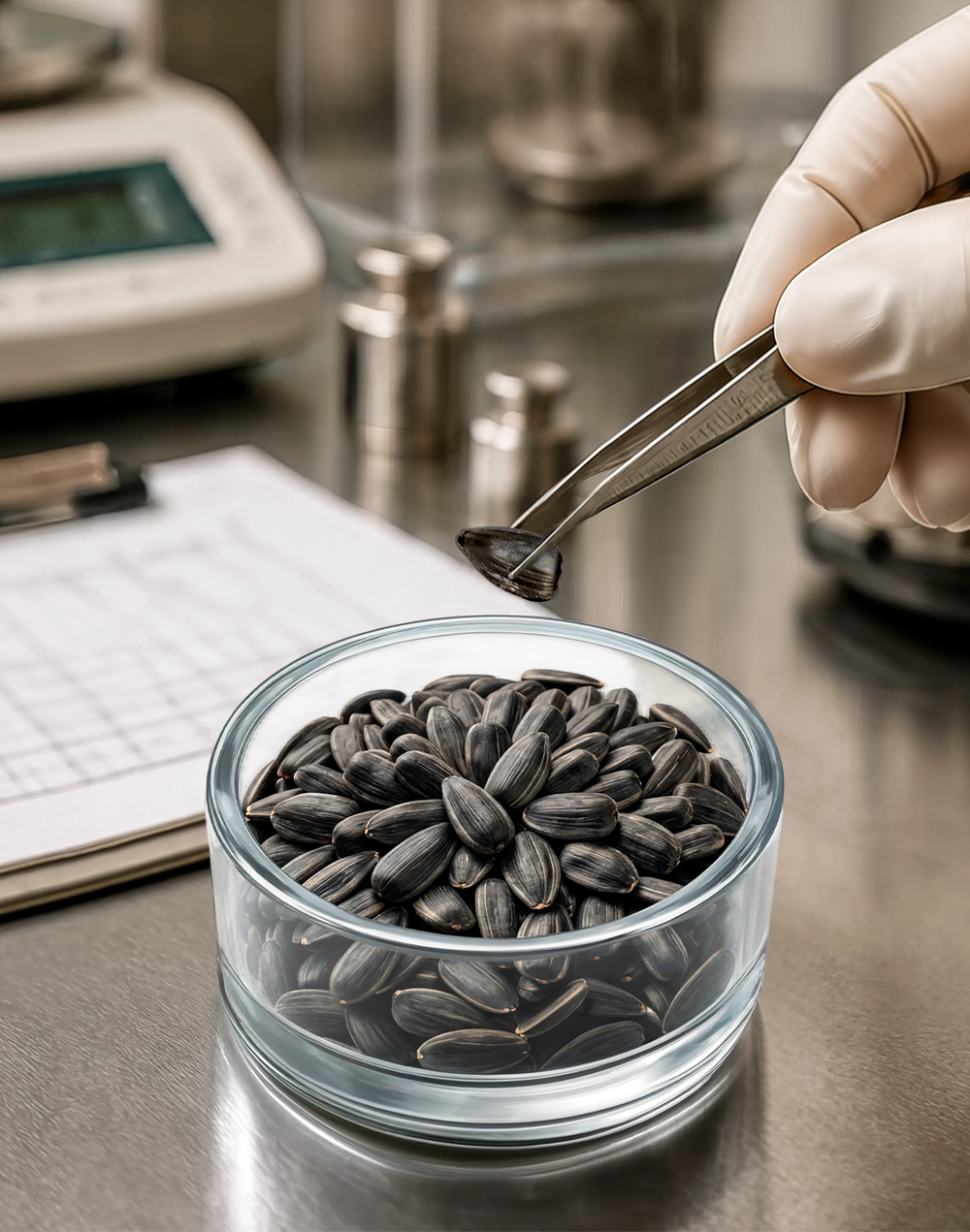Lab technician inspecting sunflower seeds in the quality laboratory